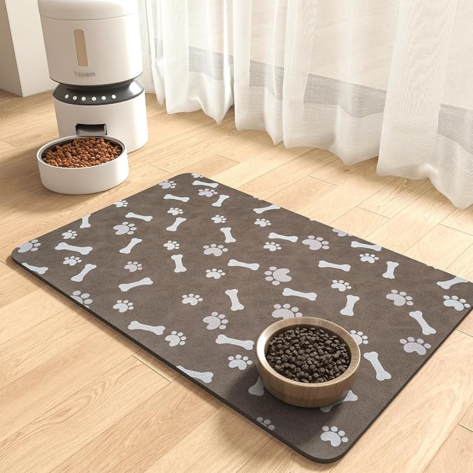 MontVoo Dog Food Mat-Pet Feeding Mat for Food and Water-No Stains Quick Dry Dispenser Cat Bowl Mat for Messy Drinkers(16"X24" Brown)