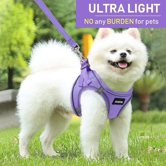 GAMUDA Small Pet Harness Collar and Leash Set, Step in No Chock No Pull Linen Fabric Soft Mesh Dog Vest Harnesses Reflective for Dogs Puppy Cats Kitten Rabbit (Purple, S)