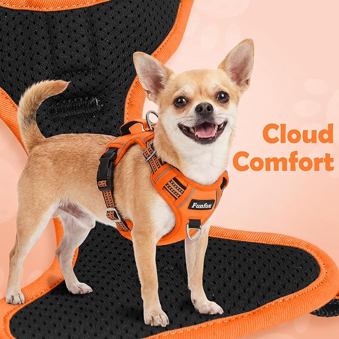 Funfox Dog Harness No Pull, Adjustable Pet Vest Harness, Super Soft Material with Vertical Handle Easy Control, Reflective Night Walking, 2 Leash Clips for Medium Sized Dogs, Orange, M