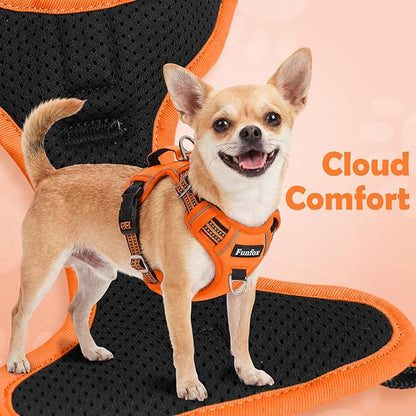 Funfox Dog Harness No Pull, Adjustable Pet Vest Harness, Super Soft Material with Vertical Handle Easy Control, Reflective Night Walking, 2 Leash Clips for Large Dogs, Orange, L