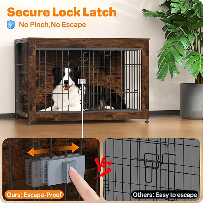 Dog Crate Furniture, Wooden Dog Crate 37in, Decorative Cage with End Table for Dog Indoor Kennel, High Anxiety Dog, Escape-Proof Locks for All Breeds