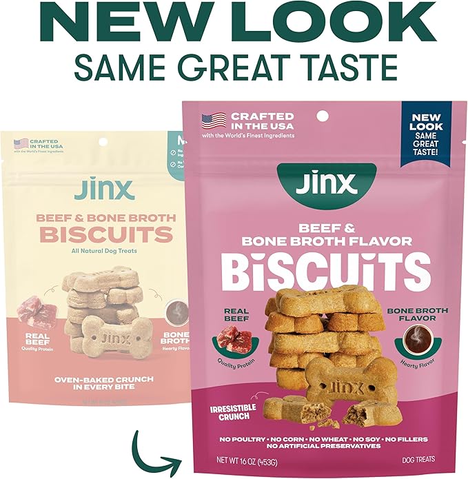 Jinx Oven-Baked Beef Bone Broth Biscuit Treats, Crunchy, All Natural, Superfood-Rich with Real Beef, Pumpkin & Blueberries, 16oz