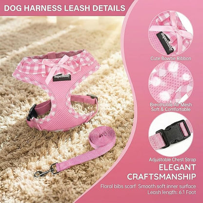 SuperBuddy Upgraded Soft Mesh Dog Harness, Super Breathable Lightweight Pet Harnesses for Puppy Dogs Outdoor Walking, Pink Dog Harness and Dog Leash Set Packing -Medium