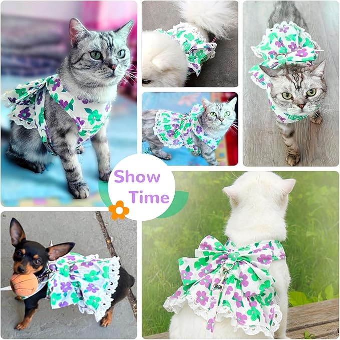 ABRRLO Dog Harness Dress Leash Set for Small Dog Summer Clothes Girl Female Puppy Cats Outfits Cute Floral Bowknot Princess Birthday Dress for Extra Small Pet Doggie Kitten Outfits Apparel(Green,M)