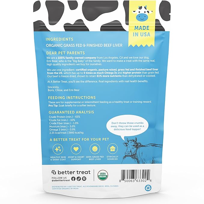 A Better Treat – Organic, Freeze Dried, Single Ingredient, 100% Grass Fed & Finished, Pasture Raised Beef Liver Dog Treats, Cat Treats | Natural Healthy | High Protein, Diabetic Friendly | Made in USA