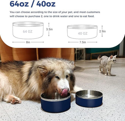 WENBOKMIN Dog Bowl, Stainless Steel Dog Food and Water Bowl with Non Slip Quiet Bottom, Easy to Clean, Dishwasher Safe, 64oz, Blue