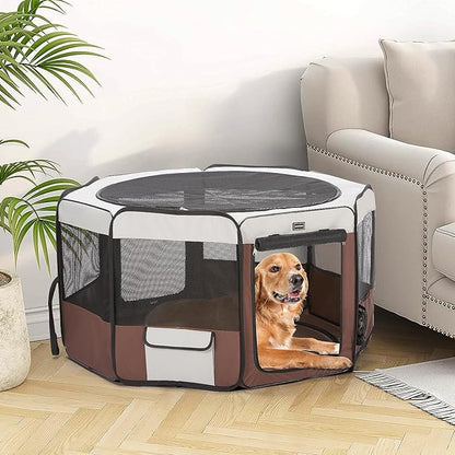 DONORO Dog Playpen 55" Portable Pet Play Pens for Medium Large Dogs, Foldable Exercise Kennel Tent Crate Indoor/Outdoor Travel Camping, Removable Top/Bottom (55"x55"x30"), 8
