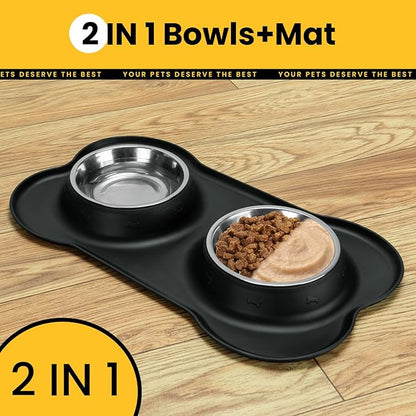 Conlun Dog Bowls with Silicone Feeding Mat, No Spill Food Water Dish Set, Dishwasher Safe, 2 Stainless Steel Puppy Bowls, Suitable for Tiny Dogs Kittens Cats Rabbits Pets under 8lbs, Extra Small,Black