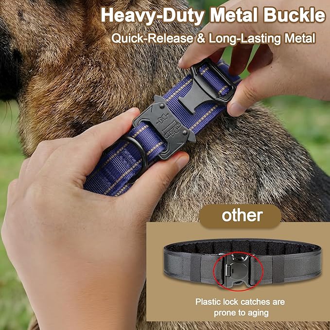 KCUCOP Tactical Dog Collar for Medium & Large Dogs - Military Nylon Heavy Duty Collar with Handle, Reflective Strip & Metal Buckle for Training, Outdoor (Dark Blue Reflective, XLarge)