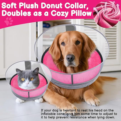 BARKLESS Dog Donut Collar, 2-in-1 Inflatable Dog Collars for After Surgery to Stop Licking Wounds, Patented Protective Donut Cone with High Shield for Small and Medium Pets (Hot Pink, M+)