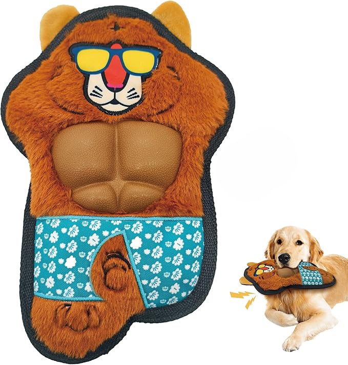 Yellow Tiger Plush Squeaky Dog Toy with TPR Muscles Puppy Teething Chew Toy Cute Soft Funny Stuffed Animal Interactive Fetch Tough Dog Toy for Small Medium Large Dogs Toy Gift 29cm/11.42in