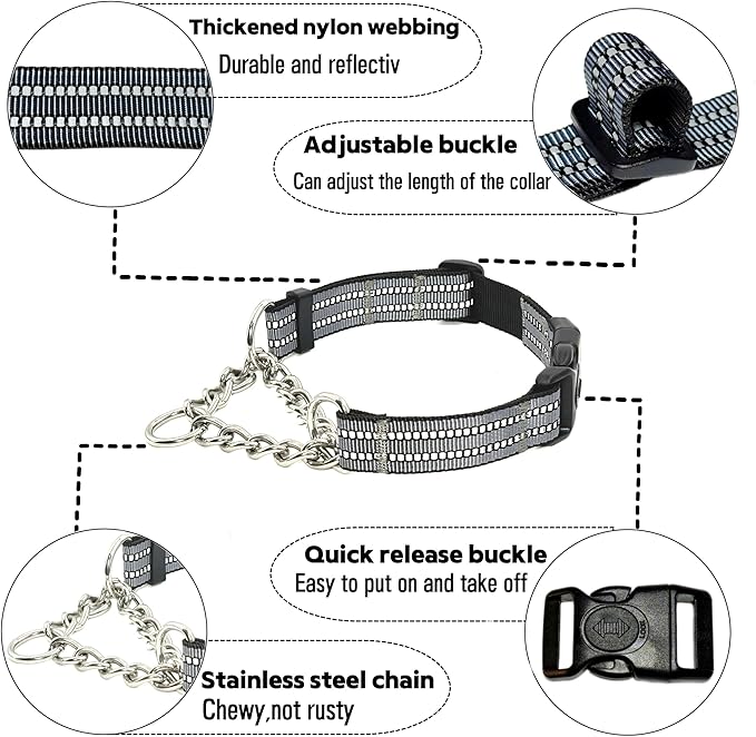 Martingale Dog Collars, Reflective Nylon Collar with Stainless Steel Chain, Adjustable Walking Training Dog Collars with Quick Release Buckle, Suitable for Small Medium Large Dogs(Gray,L)