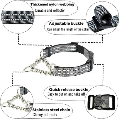 Martingale Dog Collars, Reflective Nylon Collar with Stainless Steel Chain, Adjustable Walking Training Dog Collars with Quick Release Buckle, Suitable for Small Medium Large Dogs(Gray,S)