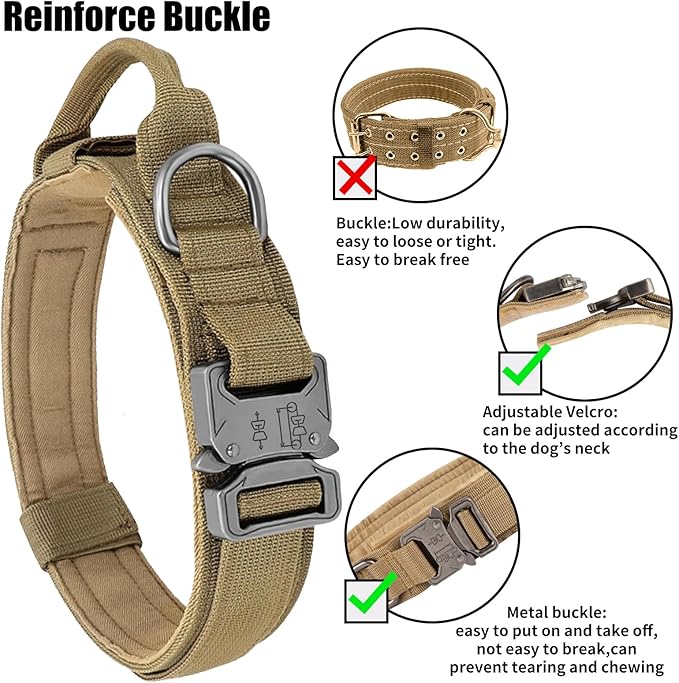 Tactical Dog Collar - Military Dog Collar, Adjustable Heavy Duty Metal Buckle Nylon Collar with Control Handle for Small Medium Large Dogs (Brown,XL)