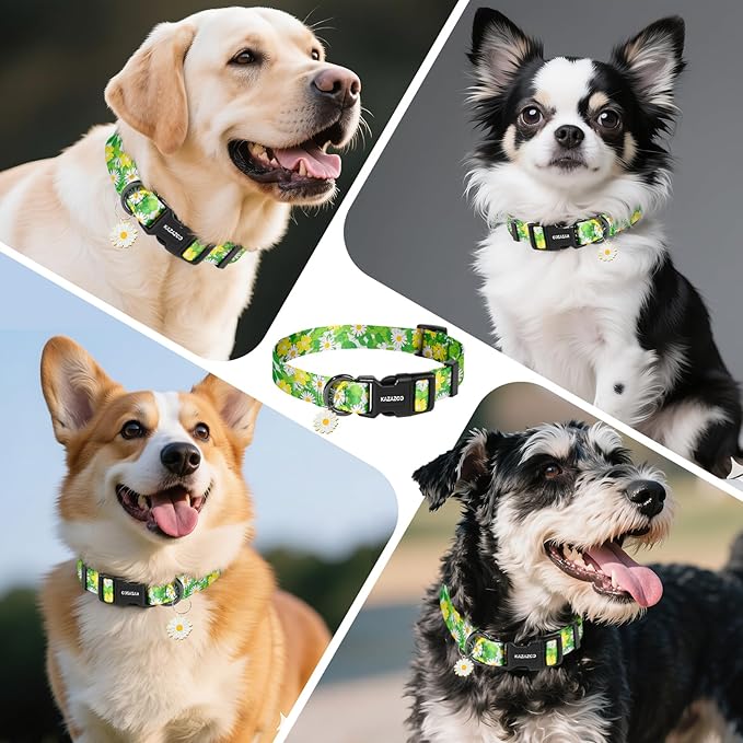 Kazazoo Dog Collar Cute and Soft Nylon Puppy Collar for Boy and Girl, Adjustable Dog Collars for Small Medium Dogs, Green Daisy-S