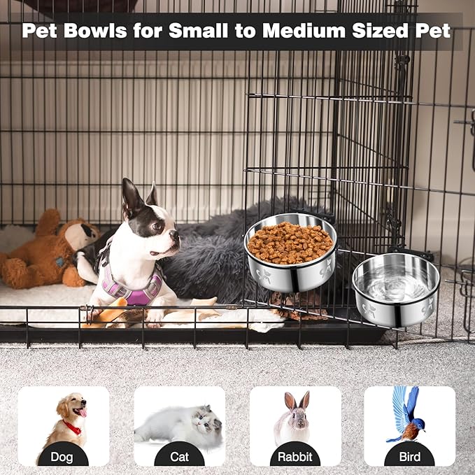 Dog Crate Water Bowl No Spill, Dog Crate Bowls Hanging 2 Pack, Kennel Water Bowl Mountable, Stainless Steel Coop Cup, Pet Cage Accessories, Food Dish Feeder for Cat Puppy Rabbit Bunny Bird Ferret