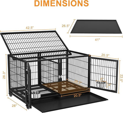 BOLDBONE 43 inch Heavy Duty Dog Crate for Large Dogs, Stackable Dog Kennels and Metal Wire Cages with Feeding Bowls, Leak-Proof Pans, Removable Wire Trays and Divider, Extra Large XL XXL