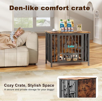 Easycom Dog Crate Furniture, 31.5" Assembly-Free Dog Crates for Small & Medium Dogs, Foldable Dog Kennel Indoor with Tag & Adjustable Dog Bowls, Wooden Dog Cage Use as End Table, Rustic Brown
