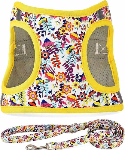 Moonpet Step in Dog Harness Leash Set- All Weather Reflective No-Pull Floral Pattern Padded Mesh Vest Harness for Cats Puppy Extra-Small Small Medium Large Dogs - White Flower - S