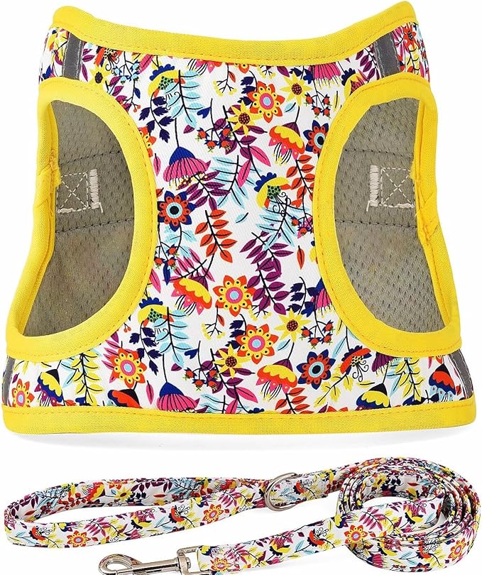 Moonpet Step in Dog Harness Leash Set- All Weather Reflective No-Pull Floral Pattern Padded Mesh Vest Harness for Cats Puppy Extra-Small Small Medium Large Dogs - White Flower - XL