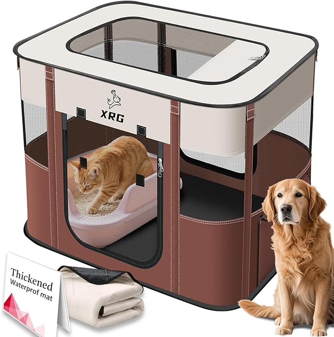 Portable Foldable Pet Playpen Collapsible Crates Kennel Playpen for Dog cat and Rabbit &Travel playpen Outdoor or Indoor (Large（35.4" L x 27.6" W x 23.6" H）, Brown)