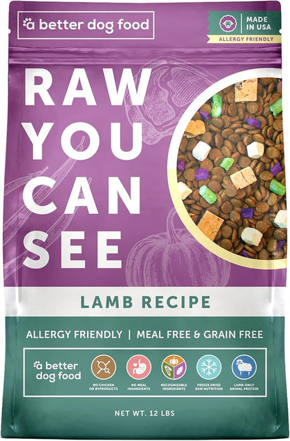 A Better Treat | Allergy Friendly Lamb Dry Dog Food | Raw You Can See | No Chicken, Lamb Only Animal Protein, No Meal Ingredients, Grain Free | Stomach Soothing Kibble + Freeze Dried Raw Dog Food