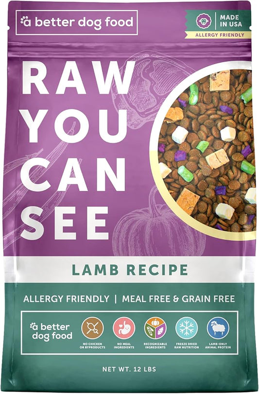 A Better Treat | Allergy Friendly Lamb Dry Dog Food | Raw You Can See | No Chicken, Lamb Only Animal Protein, No Meal Ingredients, Grain Free | Stomach Soothing Kibble + Freeze Dried Raw Dog Food