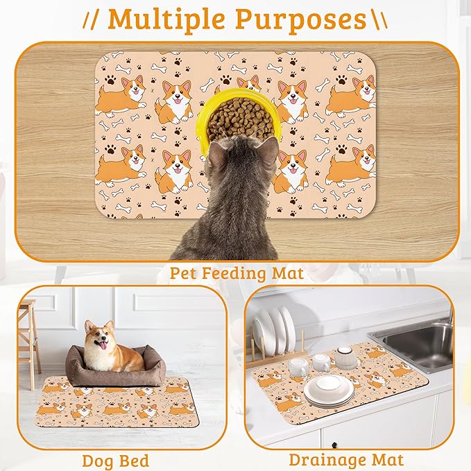 Corgi Feeding Mat,Cute Dogs Absorbent Quick-Dry Cat Dog Food and Water Bowl Mats,Non-Slip Rubber Backing Mat,Cat Dog Accessories Supplies 16" x 24"