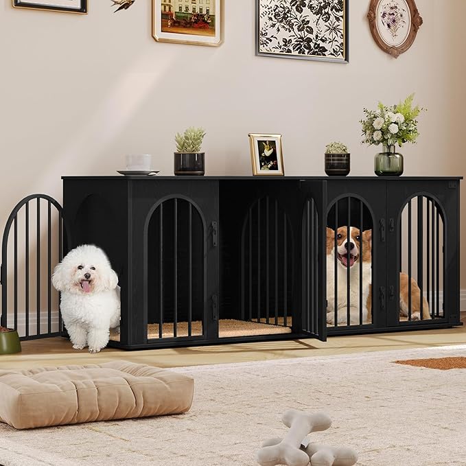 Hzuaneri 63" Dog Crate Furniture for 2 Dogs, Heavy Duty Indoor Dog Kennel TV Stand, L Wooden Dog Cage with Divider for Medium Large Dogs, End Table Dog Crate with Cushion, Black DFC80904B
