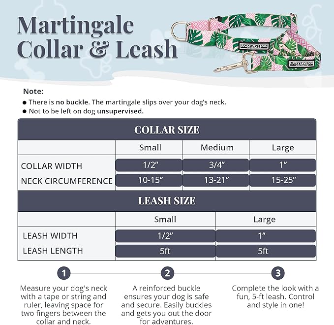 Lucky Love Dog Martingale Dog Collar & Leash - Adjustable, No-Slip, Durable, Comfortable, Soft Webbing, & Stylish Patterned Collar & Leash Set for Male and Female Dogs - Laguna Mart Combo, Large