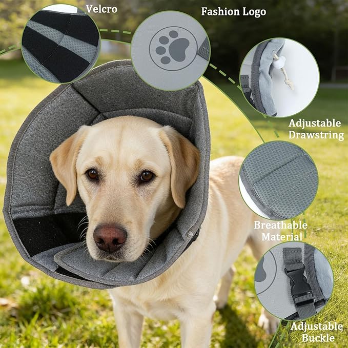 Soft Cone for Dogs to Stop Licking,Dog Cones for Small Medium Large Pets After Surgery Recovery Collar Elizabethan Collars Comfy Fabric Elizabeth Prevent Dog Licking Alternative(Grey, L)