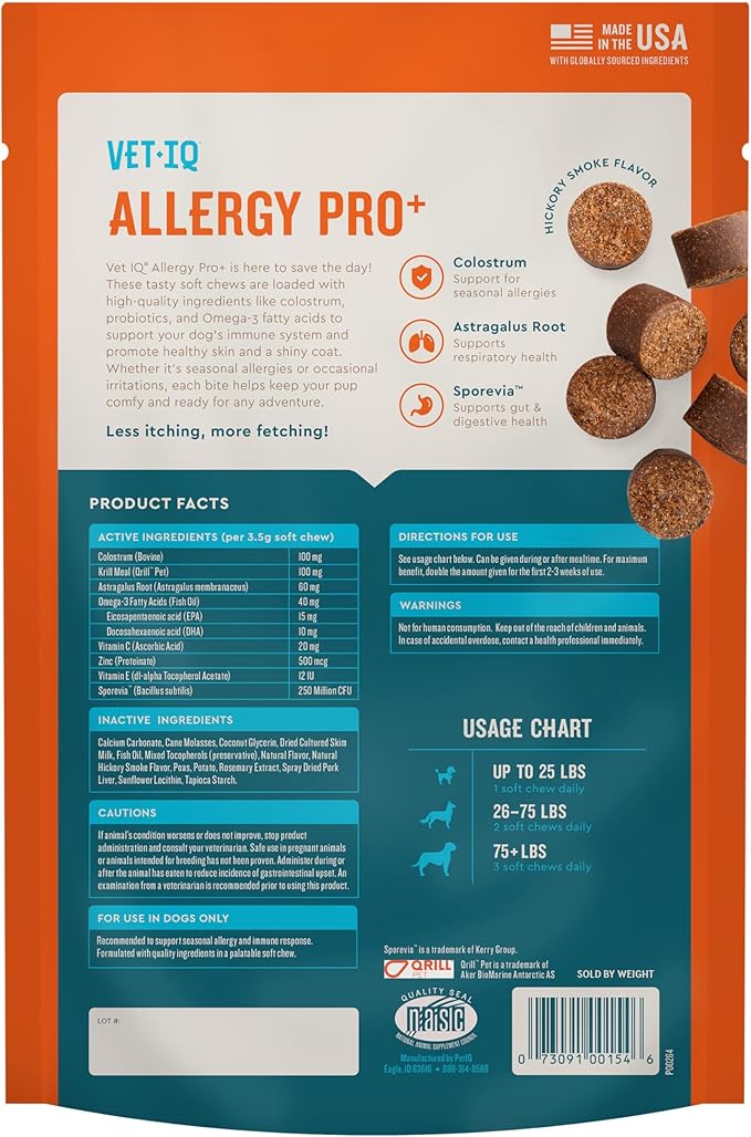 VetIQ Allergy Pro+ Soft Chews for Dogs, 60 Count, Seasonal Allergy Support, Colostrum, Astragalus Root, Sporevia, Hickory Smoke Flavor (Pack of 2)