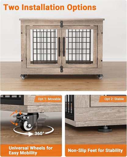 YaFiti Dog Crate Furniture with Cushion, Wooden Dog Kennel with Double Doors, Heavy Duty Dog Cage End Table with Wheels, Dog House Indoor for Small Medium Dogs up to 45 lb, 32.5” L, Grey