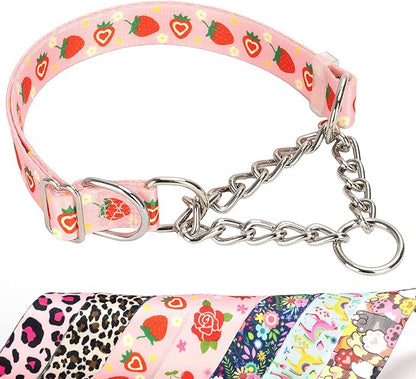 Pink Strawberry Martingale Dog Collar with Chain - No-Pull Training Collar Soft & Durable Design for Medium, Large & XL Dogs (L Strawberry)