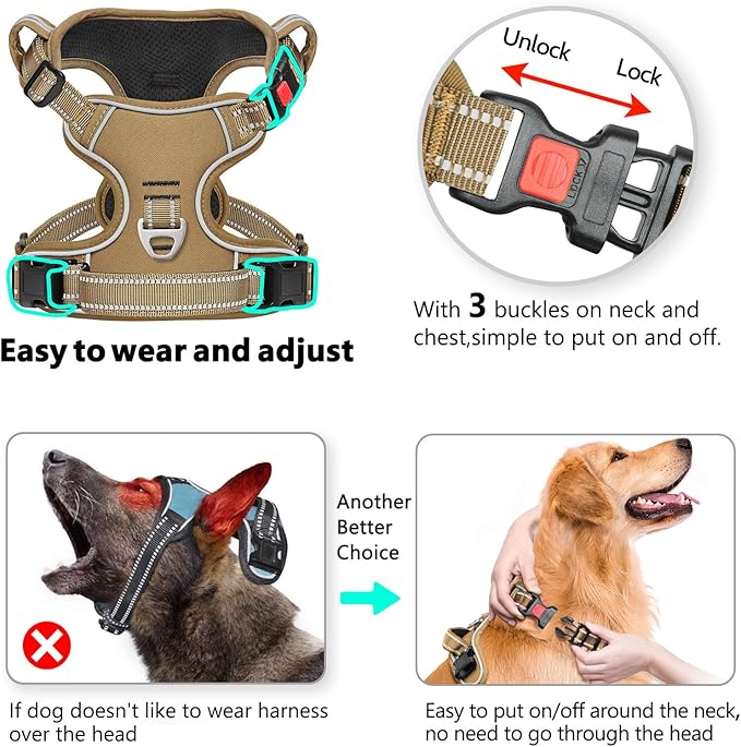 Timos Dog Harness Small Sized, No Pull Pet Harness with Neck Lockable Snap,No Choke Front Clip Dog Reflective Vest,Adjustable Metal Rings 3 Buckles,Easy Control Handle for Small Dogs Khaki S