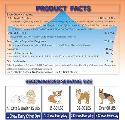 Freeze-Dried Probiotics for Dogs with Enzymes, Omega-3 & Zinc - 6B CFUs, 12 Strains + Prebiotics for Gut, Skin & Coat, Immune & Sensitive Stomach Support - Chicken Flavor, 120 Chews
