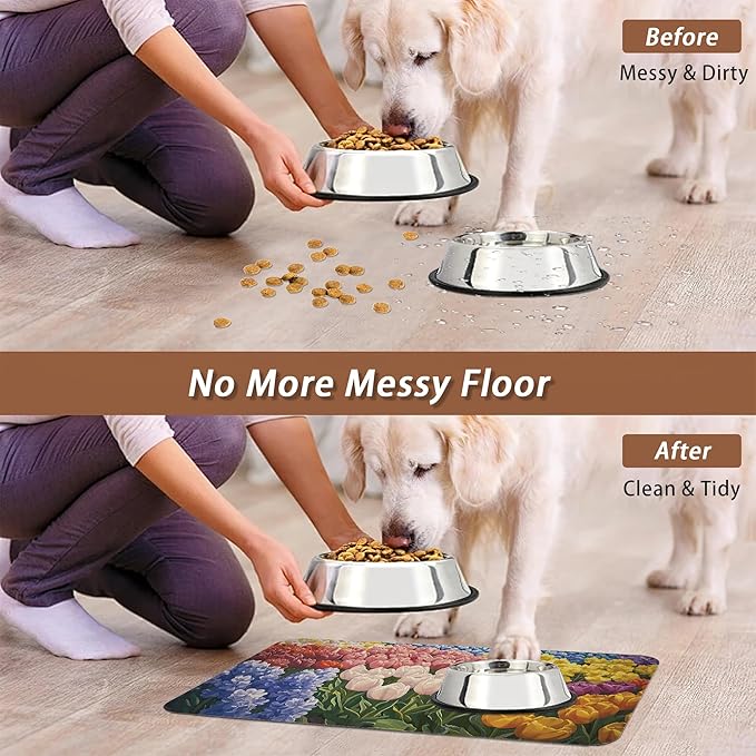 Tulip Lavender Pet Feeding Mat,Vintage Flower Fields Absorbent Quick-Dry Cat Dog Food and Water Bowl Mats,Non-Slip Rubber Backing Mat,Cat Dog Accessories Supplies 12"x20"