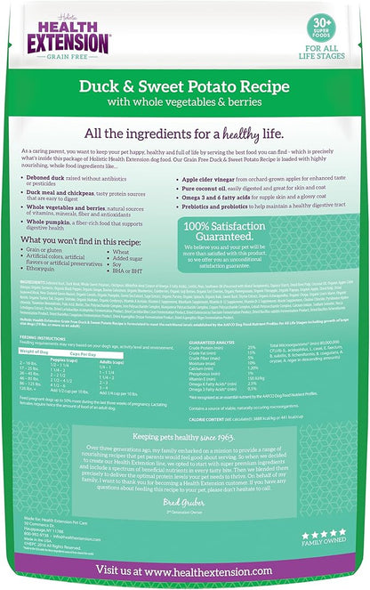Health Extension Grain Free Duck & Sweet Potato Dry Dog Food - 30+ Superfoods and Probiotics for All Life Stages (4 lb)