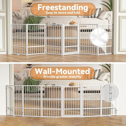 SNUOWU Full Metal Freestanding Dog Gate with Door, 32''Height Foldable Pet Dog Fence for Indoor & Outdoor, 6 Panels Extra Wide Free Standing TallDog Gates for Doorways,House,Stairs,Porch,Deck,Yard