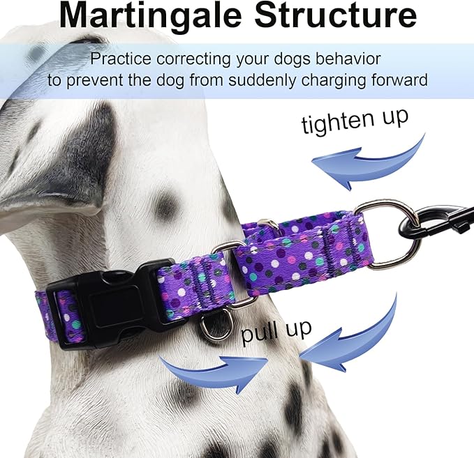 Reflective Martingale Collar for Dogs with Quick Release Buckle Cute No Pull Training Dog Collars (Purple Polka Dot, Medium)