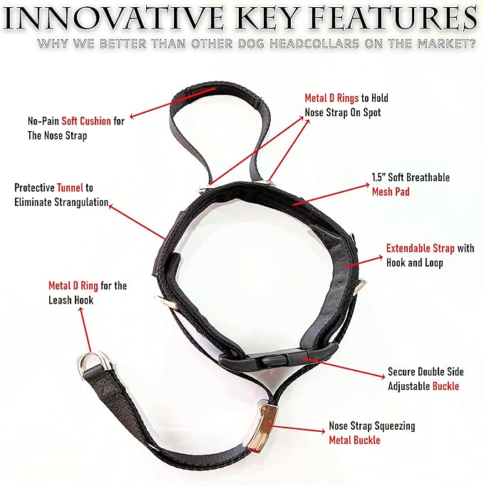 PetsProMax Dog Headcollar for Pulling & Reactive Dogs – No-Pull Training Collar with Behind-Head Leash Hook for Peaceful Walks, Instantly Stops Pulling Without Choking or Pinching (Red, L)