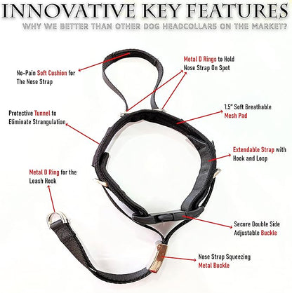 PetsProMax No-Pull Dog Headcollar for Large Dogs (Agressive/Reactive Dogs; Instant Stop Pulling; Gentle Training Collar for Dogs; Comfortable, Safe, and Effective Walking/Training Solution (Black, L)