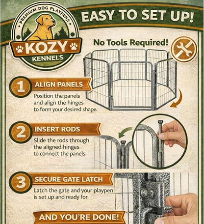 Dog Playpen w/Carrying Case for Indoor or Outdoor Use – 40 Inch, 8 Grey Panels - Portable Metal Exercise Pen for Medium & Large Dogs - Pet Fence Kennel Crate for House, RV, or Travel