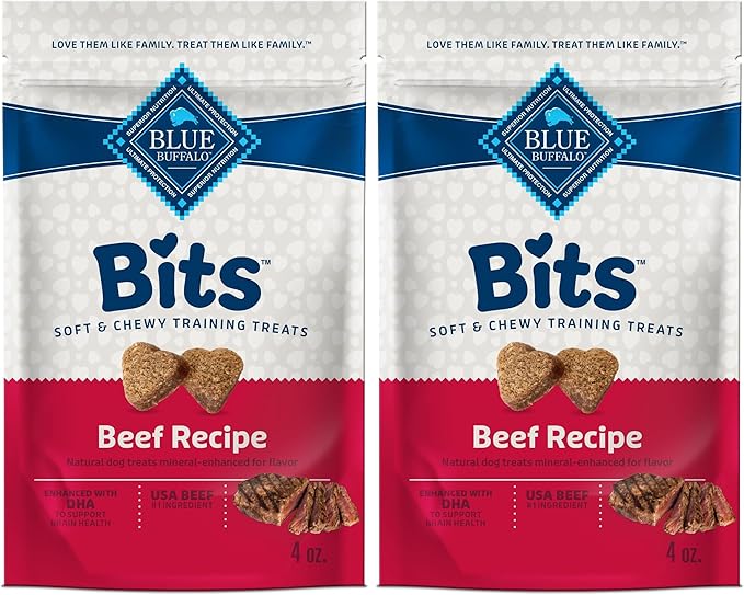 Blue Buffalo Bits Soft Dog Treats for Training,Made with Natural Ingredients & Enhanced with DHA,Beef Recipe,4-oz Bag,(Pack of 2)