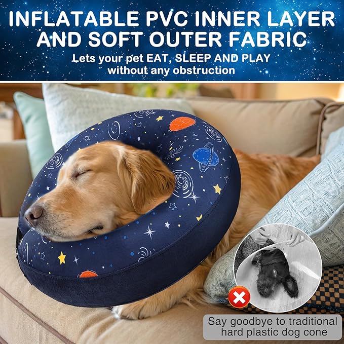 SCENEREAL Dog Cone Alternative After Surgery Donut Collar, Soft Pet Recovery Pillow Collar for Medium Large Dogs, Inflatable Adjustable Neck Collars to Prevent Licking, Planet Print E-Collars XL