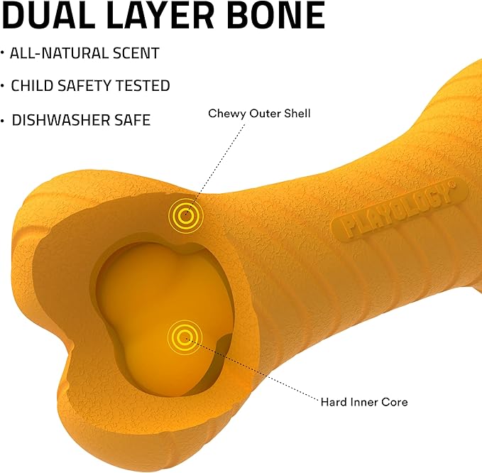 Playology Dog Toys | Dual Layer Bone Durable Chew Toy Bone for Dogs | Medium Cheddar Cheese Scented Toy - Easy to Clean and Made from Non Toxic Materials