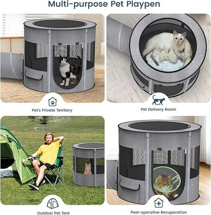 Portable Cat Playpen with Tunnel, 3 in 1 Foldable Puppy Play Pen, Waterproof Bottom, Enclosed 2-Room Separable Pet Tent for Indoor/Outdoor, Multi-Purpose Enclosure Crate Cage for Kitten Dog Rabbit