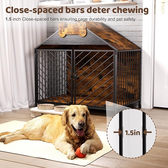 Furniture Dog Crate for Small & Medium Dogs, 32" Gable Roof Indoor Kennel with Double Locking Doors, Escape Proof Chew Proof Metal Dog Cage, Heavy Duty Wood-Style Crate for Home Decor, Rustic Brown