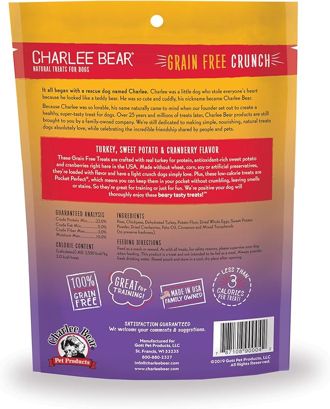 Charlee Bear Crunch Grain Free Dog Treat, Turkey, SweetPotato & Apple, 8 Ounce Resealable-Bag/Low Calorie Training Treat for Dogs. Limited Ingredient-Healthy-Crunchy Dog Snack, Made in USA (Pack of 2)