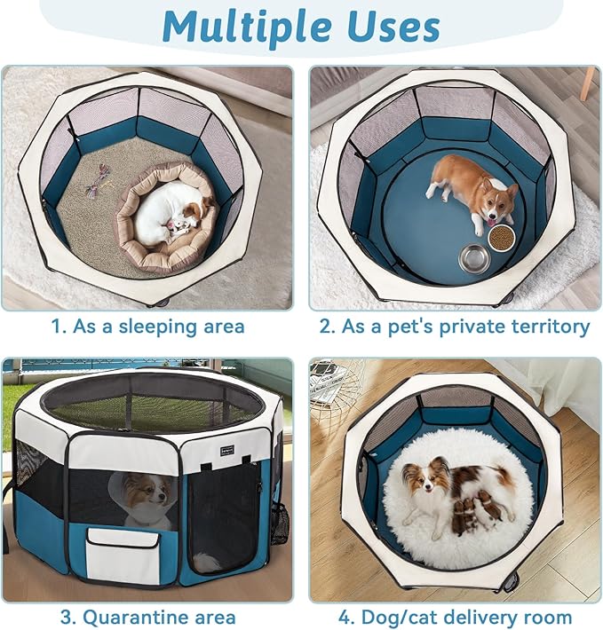 PETSFIT Portable Dog Playpen,36" Dog Play Pen Indoors with Removable Waterproof Mat & Zippered Roof | RV, Camping, Travel Dog Pen | Whelping & Cat Observation Space(36" L x 36" W x 21" H)